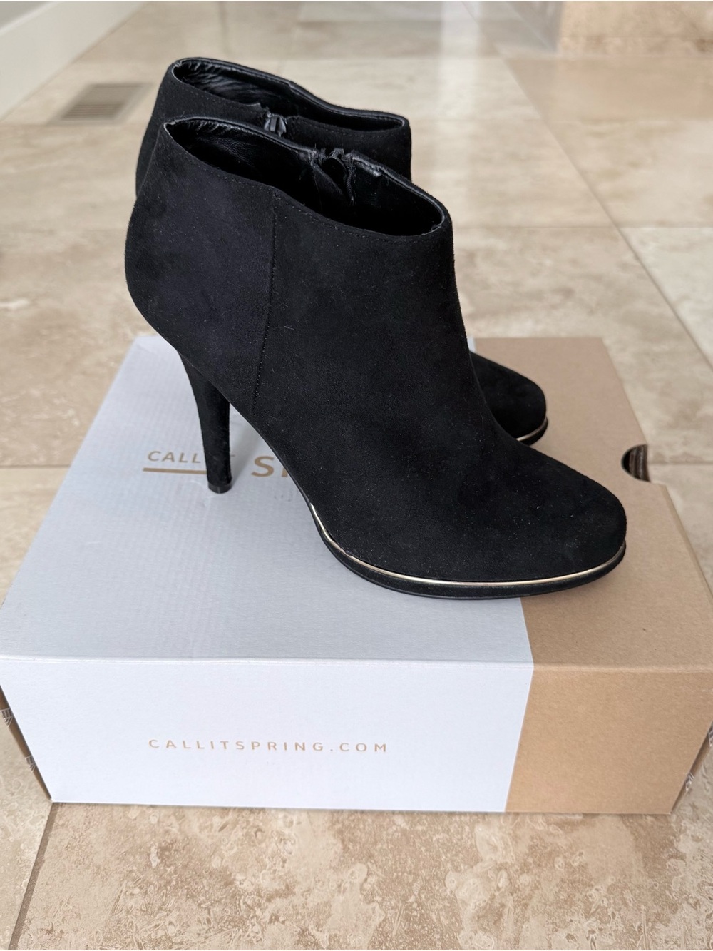 Call It Spring Henrelinia Black Suede Stiletto Ankle Booties with Gold